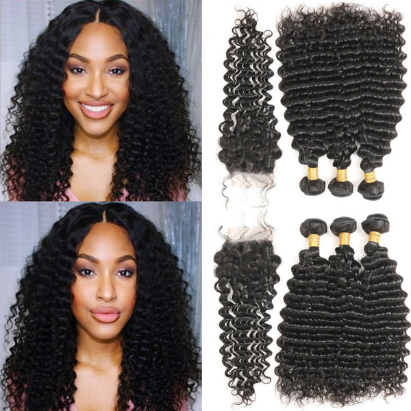 Top Selling Deep Wave 3 Bundles with Closure Peruvian Hair Deep Wave Human Hair Extensions Wet and Wavy Human Hair Bundles with Closure