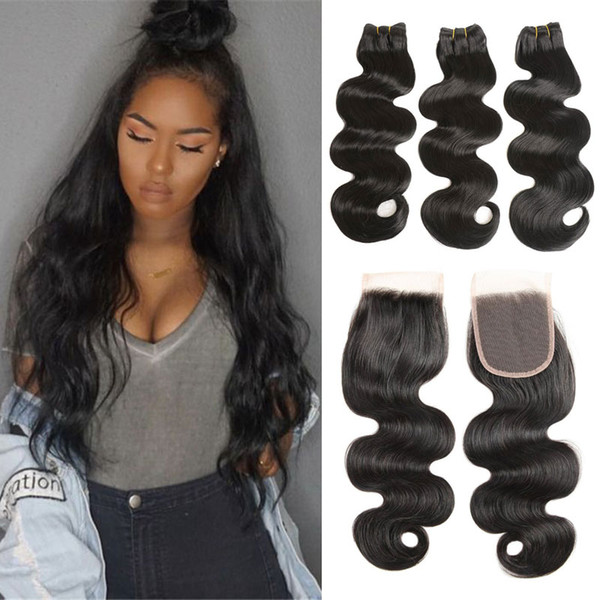 Brazilian Hair Body Wave Bundles With Closure Human Hair 3 Bundles With Free/Middle/Three 4*4 Closure Lace Closure Human Hair Extension