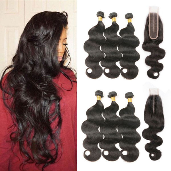 Brazilian Body Wave Bundles with Closure 3 Bundles with Closure Remy Human Hair Weave Bundles Extensiosn With 2x6 Lace Closure