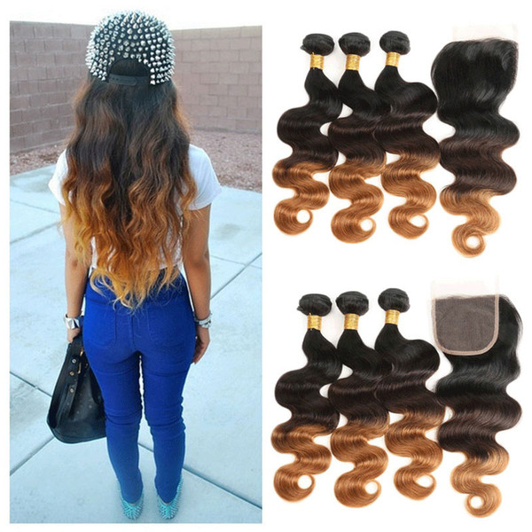 Brazilian Hair 3 Bundles with 4*4 Lace Closure Ombre Brazilian Hair Body Wave Bundles with Closure Ombre Hair Extensions T1B/4/30