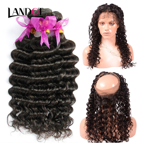 360 Lace Frontal Closures With 3 Bundles Brazilian Virgin Human Hair Weaves Deep Wave Curly Peruvian Indian Malaysian Cambodian Remy Hair