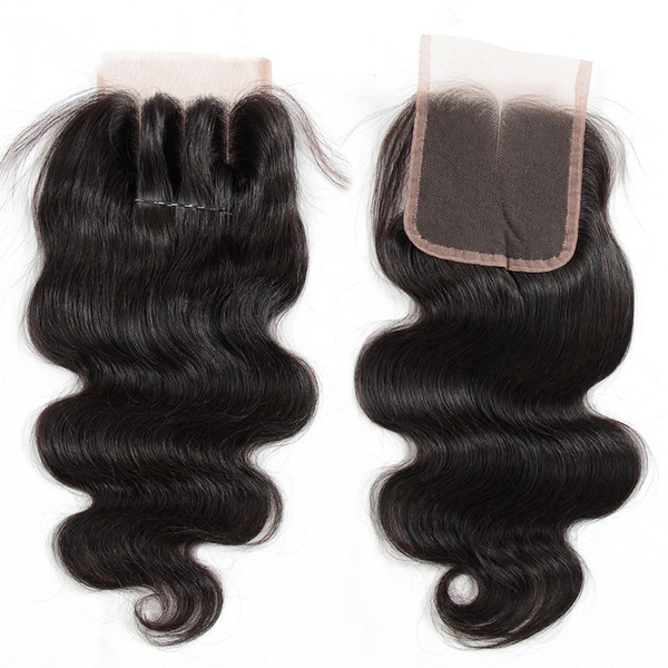 Brazilian Body Wave Straight Virgin Human Hair Weave Closures Natural Black 4x4 Lace Closures Three Middle Free Part