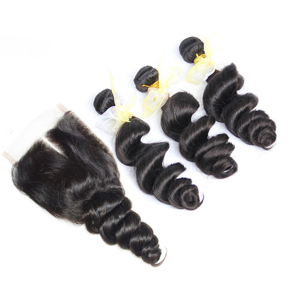 3 Bundles Peruvian Virgin Hair With Lace Closure 8A Grade Peruvian Body Wave straight Loose Deep Water Wave Jerry Curly Hair Weaves Closures