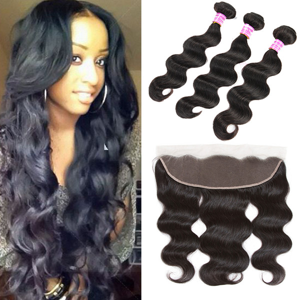 Bundles with Frontal Brazilian Hair Body Wave Human Hair 3 Wefts and Full Lace Frontal Closure Unprocessed Peruvian Malaysian Hair Extension