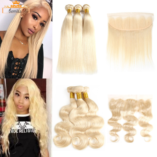 Brazilian Virgin Hair Straight Body Wave 613 Blonde Human Hair 3 Bundles with Frontal Closure Unprocessed Brazilian Hair Weave Extensions