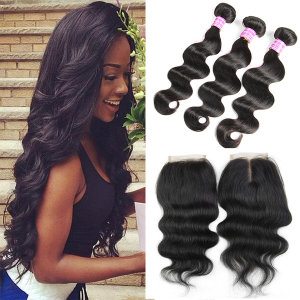 8A Body Wave Virgin Brazilian Hair Bundles with Closure Unprocessed Human Hair Weaves and Middle Part Free Part Top Lace Closure by Bemiss