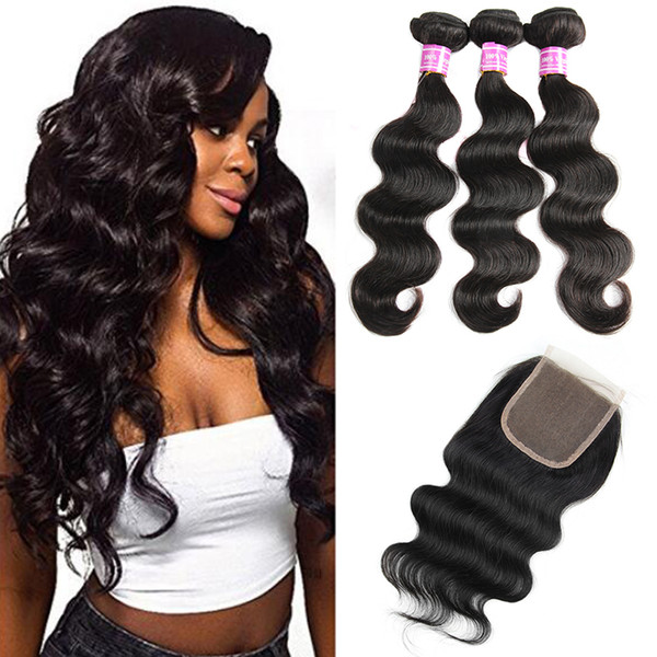 Brazilian Hair Body Wave 3 Bundles with Lace Closure 8A Remy Hair Unprocessed Malaysian Peruvian Hair Extensions Natural Black by Bemiss