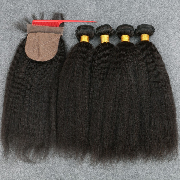 8A Grade Peruvian Human Virgin Kinky Straight Bundles With Silk Closure 100% Human hair 4 pieces/Lot Free Ship Kinky Straight