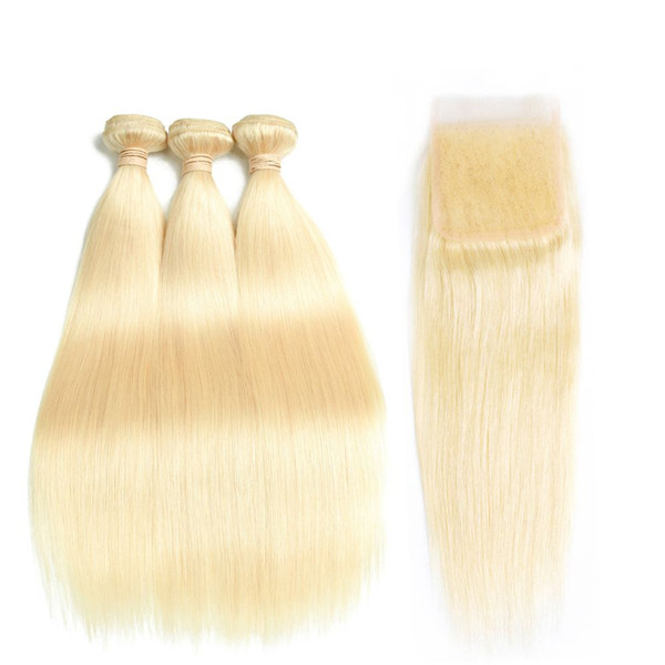 King Rose Queen Peruvian Straight Hair 3 Bundles With Closure 613 Blonde Color Hair Human Hair With 4x4 Closure 