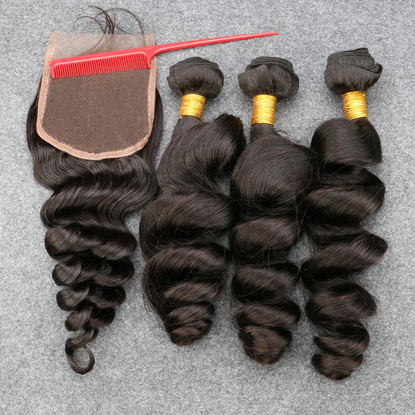 Malaysian Loose Wave With Closure 3 bundles with closure Unprocessed Human Hair Weave 9A Malaysian Virgin Hair With Closure #1B