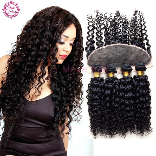 Slove Brazilian Virgin Hair Deep Curly 13x4 Ear to Ear Lace Frontal Closure With Bundles 8A Human Curly Hair 3/4Bundles With Closure