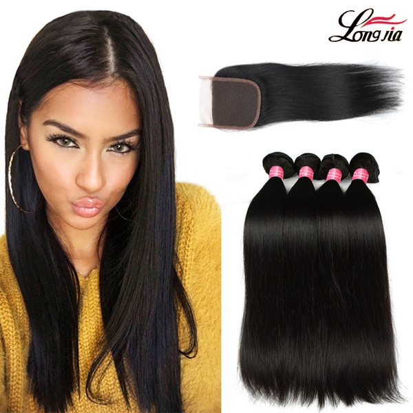 8A Straight Hair bundles With Closure Brazilian Virgin Human Hair Bundles With Lace Closure 4x4 Brazilian Hair Weave Bundles natural color