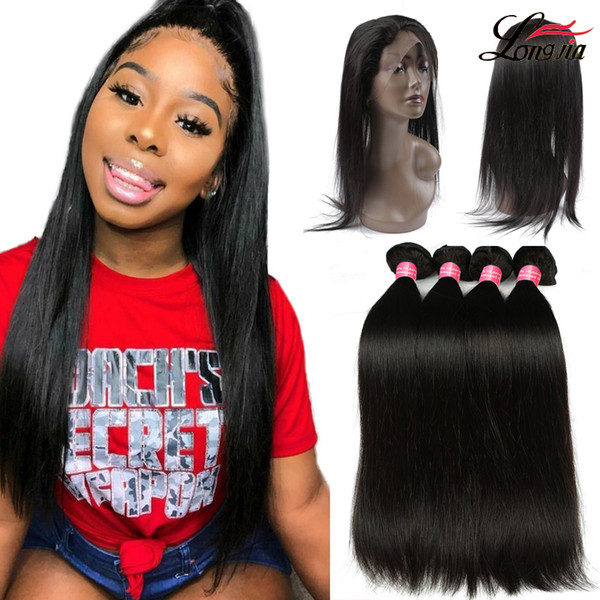 8a Brazilian Straight Hair With 360 Lace Frontal Closure Human Hair 3 bundles With Closure Natural Color Cheap Pre Plucked 360 Lace Frontal