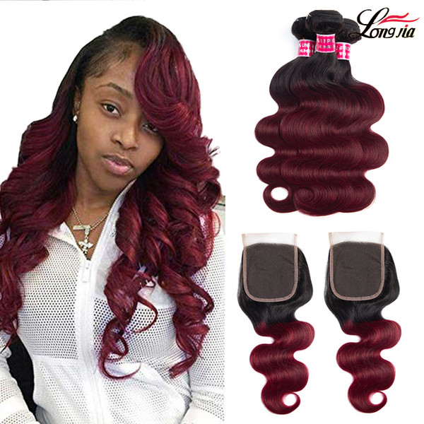 Ombre body wave hair with closure 4*4 closure with 3/4 bundles 1b/99j two tone human hair bundles with closure