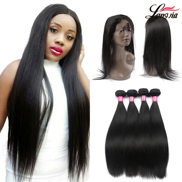 Brazilian straight Hair 360 Lace Frontal With Bundles natural color Human Hair 2 Bundle With 360 Frontal Pre plucked with baby Hair