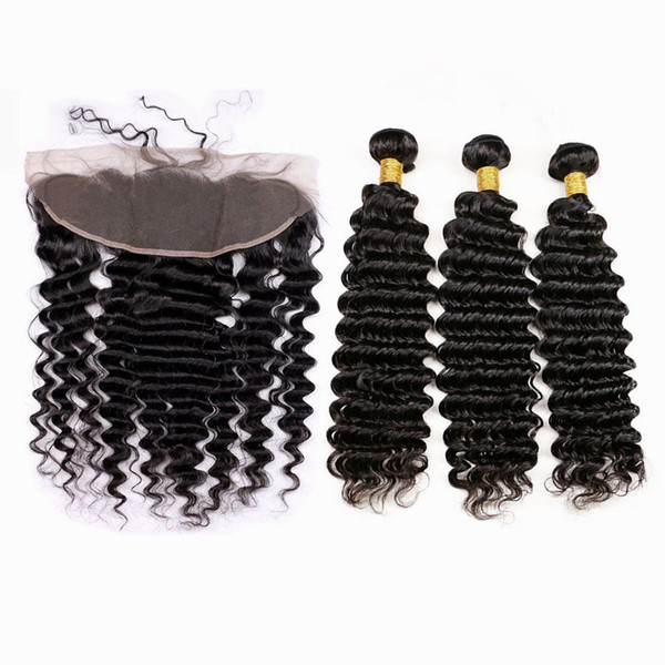 Slove Deep Wave Human Hair 3 Bundles With Frontal Brazilian Hair Weave Bundles With Frontal Preplucked with Baby Hair Remy 4PCS