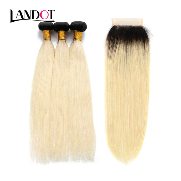 9A Ombre 1B/613# Bleach Blonde Brazilian Peruvian Malaysian Indian Virgin Human Hair Weave Straight 4 Bundles With Lace Closures Can Be dyed