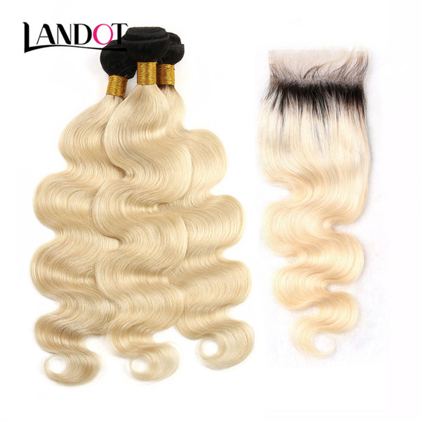 9A Ombre 1B/613# Bleach Blonde Brazilian Peruvian Malaysian Indian Virgin Human Hair Weave Body Wave 4 Bundles With Lace Closures Extensions