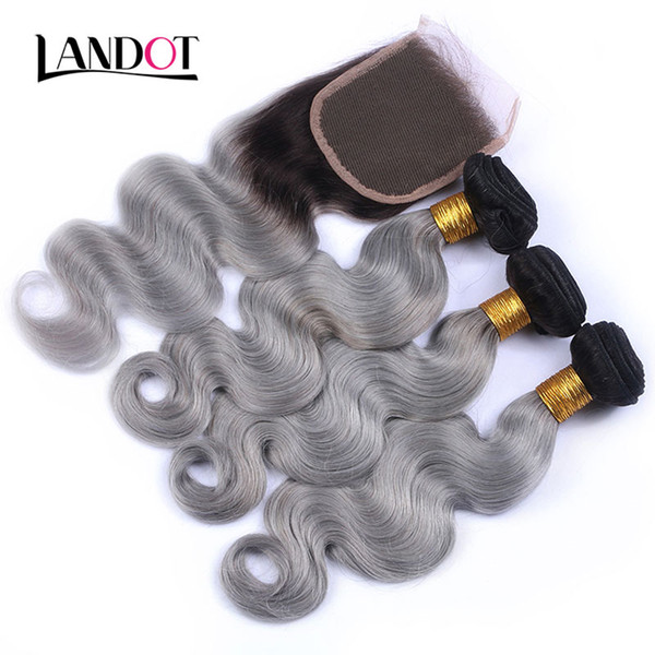 9A Ombre 1B/Grey Brazilian Virgin Human Hair Weaves 4 Bundles With Lace Closures Body Wave Ombre Peruvian Malaysian Indian Hair Extensions