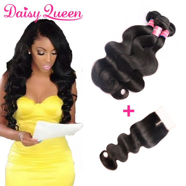 8A Brazilian Virgin Hair With Closure 3 Bundles Brazilian Body Wave With 4x4 Lace Closure Unprocessed Remy Human Hair Weaves Extensions