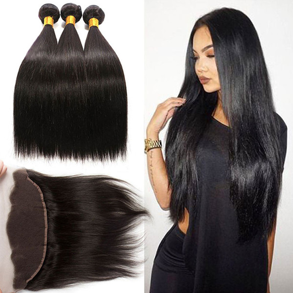 Malaysian Straight Hair 3 Bundles With 13x4 Lace Frontal 100% Unprocessed Straight Virgin Human Hair Weave with Lace Closure