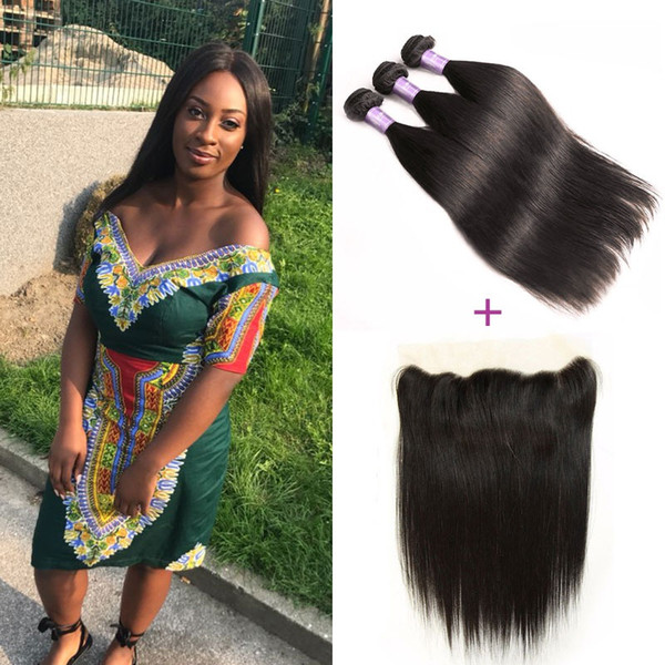 Peruvian Virgin Hair straight 3 Bundles with Lace Frontal Closure(13X4)100% Unprocessed Peruvian Human Hair Extensions Bundles