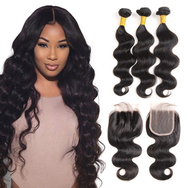 Brazilian virgin human hair weave unprocessed body wave natural color 4x4 lace closure with three bundles from Elibess