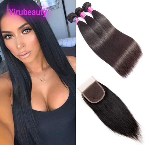 Brazilian Virgin Hair Extensions 3 Bundles With 4X4 Lace Closure Straight Cheap Hair Wefts With Lace Closure 8-30inch