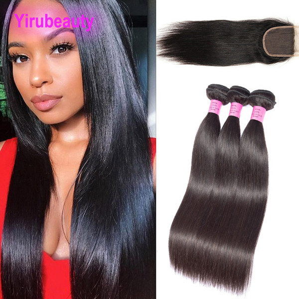 Peruvian Virgin Hair Three Bundles With 4X4 Lace Closure Straight Natural Color Wholesale Human Hair Wefts With 4X4 Lace Closure 4Pieces