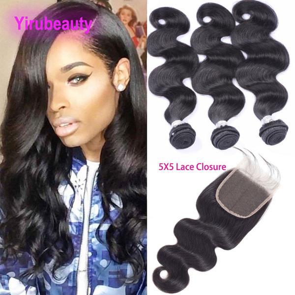 Indian 9A Wholesale 4 Pieces/lot Human Hair Bundles With 5X5 Lace Closure Body Wave Bundles With Top Closures 5X5 Middle Three Free Part