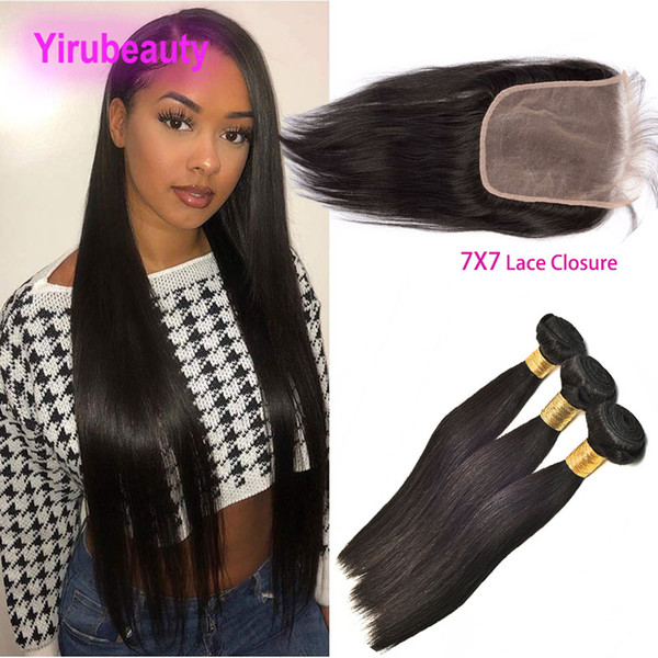 Brazilian Virgin Hair 3 Bundles With 7X7 Lace Closure Straight Remy Hair Extensions With 7 By 7 Lace Closure Middle Three Free Part