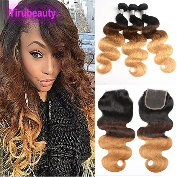 Peruvian Virgin Ombre Human Hair with Closure Ombre Body Wave 3 Bundles with Lace Closure 1B/4/27 Black/Brown/Blonde