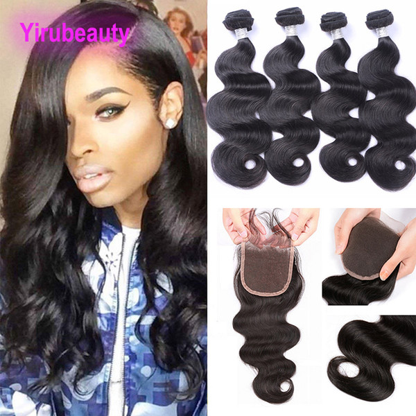 Peruvian 4 Bundles With 4X4 Lace Closure Body Wave Virgin Human Hair Bundles With Free Middle Three Part 8-28inch