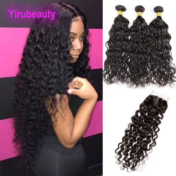 Brazilian 100% Unprocessed Human Hair Water Wave 3 Bundles With 4 X 4 Lace Closure Water Wave Virgin Hair Extensions Wefts With Closure