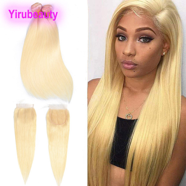 Malaysian Mink 613# Blonde Straight Bundles With Baby Hair Lace Closure 4X4 Middle Free Three Part 3 Bundlels With Closure Straight