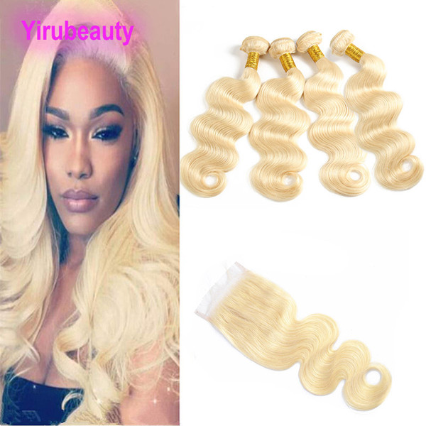 Malaysian Human Hair 9A Body Wave Blonde 613# 4 Bundles With 4X4 Lace Closure Middle Three Free Part 613 Color 5 Pieces One Set