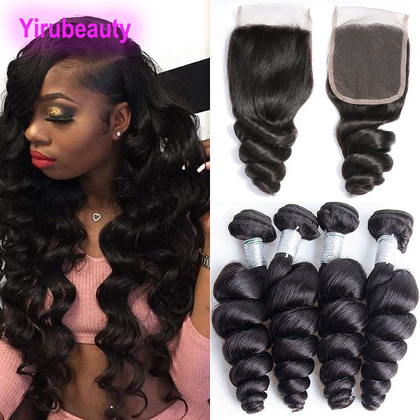 Indian 100% Unprocessed Human Hair 4 Bundles With 4x4 Lace Closure Loose Wave 95-100g/piece Hair Extensions With Baby Hair Lace Closure 4X4