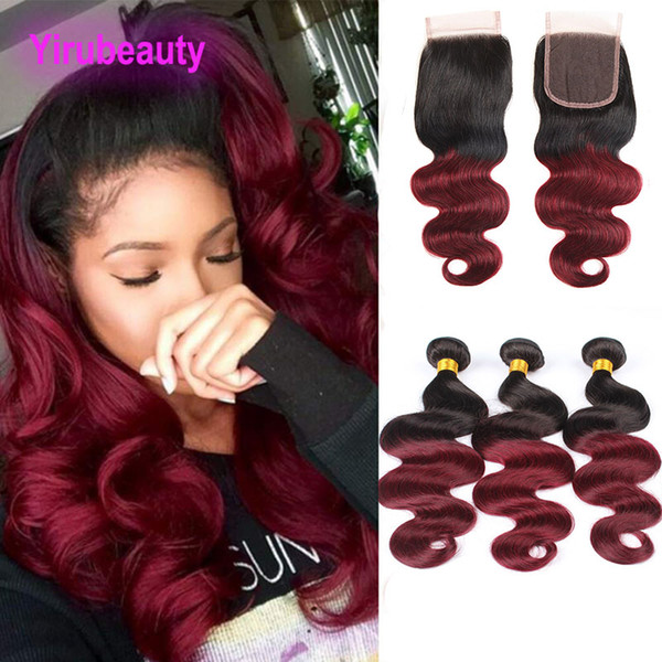 Malaysian Human Hair Extensions 1B/99j Color Body Wave 3 Bundles With 4X4 Lace Closure With Baby Hair Wefts 12-24inch 1B/99J TwoTones