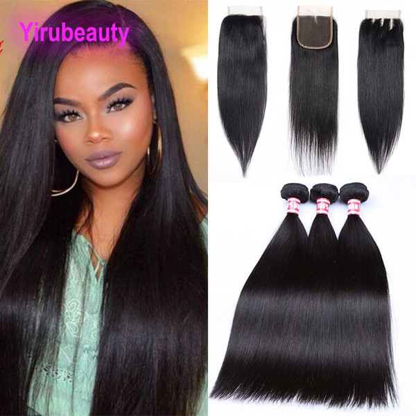 Brazilian Virgin Human Hair 3 Bundles With 4X4 Lace Closure Peruvian Malaysian Indian Straight Hair Extensions Wefts With Closure Straight