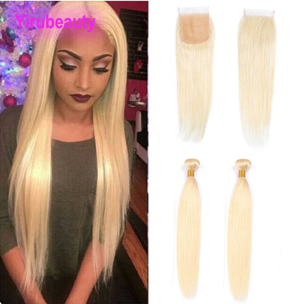 Malaysian Unprocessed Light Color 613 Blonde Straight 2 Bundles With Lace Closure 4X4 Middle Three Free Part Straight Human Hair Extensions