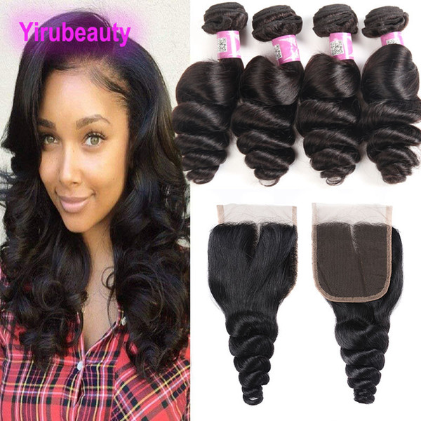 Brazilian Loose Wave Curly 4 Bundles With 4X4 Lace Frontal Human Hair Extensions Loose Wave Bundles With Closure 5 Pieces/lot Natural Color