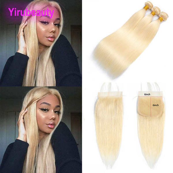 Peruvian Human Hair Extensions Three Bundles With 6X6 Lace Closure 613# Blonde Straight Bundles With 6 By 6 Closure Middle Three Free Part