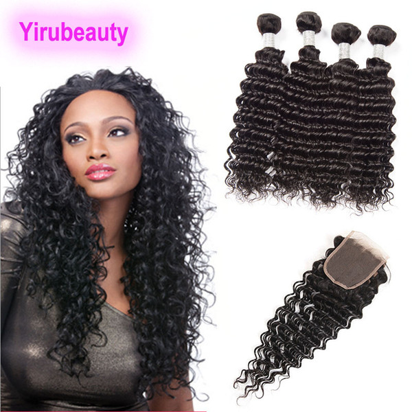 Brazilian Virgin Hair 4 Bundles With 4X4 Lace Closure Deep Wave 5 Pieces/lot Lace Closure Baby Hair Extensions 8-28 Inch