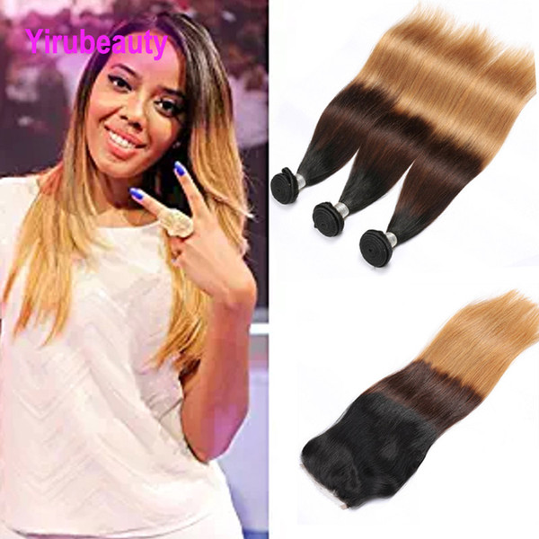 Peruvian Human Hair 1B 4 27 Bundles With 4X4 Lace Closure 4 Pieces/lot Ombre Hair B/4/27 Straight Hair