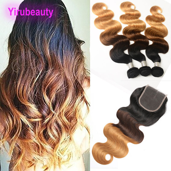 Brazilian Virgin Hair Ombre 1B 4 27 Body Wave 100% Unprocessed Human Hair 3 Bundles With 4X4 Lace Closure