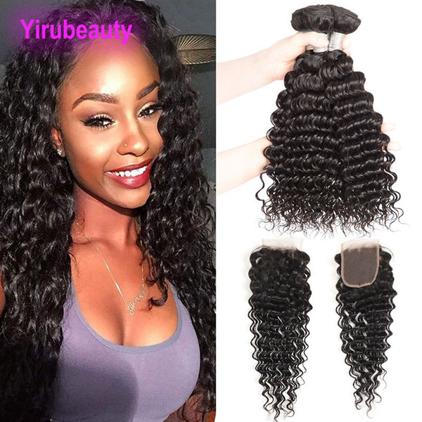 Indian Raw Human Hair 4X4 Lace Closure With Hair Bundles 95-00g/piece Deep Wave 8-28inch Virgin Hair Wefts With Closure