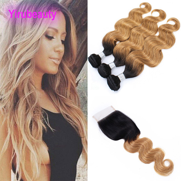 Mongolian Virgin Hair 9A Human Hair Bundles With 4X4 Lace Closure 1B/27 Body Wave Bundles With Closure 1B 27 Top Closure With Bundles