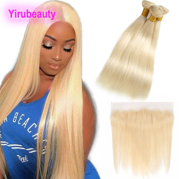 Indian Raw Human Hair With Lace Frontal Baby Hair 3 Bundles With Lace Frontal Straight 613# Blonde Straight 8-28 Inch Hair Products