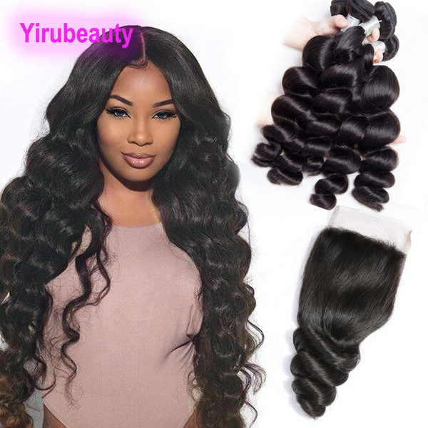 Mongolian Virgin Hair Extensions Loose Wave 4 Bundles With 4X4 Lace Closure Baby Hair Mink Bundles With Lace Closure Natural Color 8-28inch