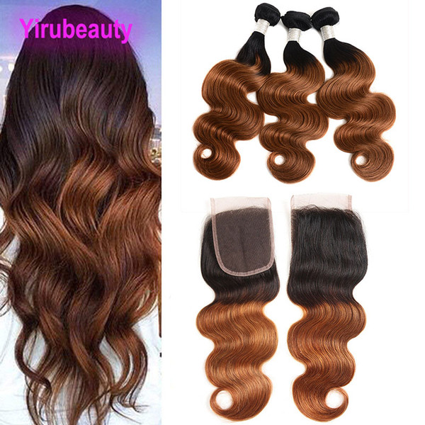 Indian Human Hair Lace Closure With 3 Bundles 1B/30 Body Wave Ombre Hair Wefts With Closure Middle Three Free Part Body Wave 1B 30